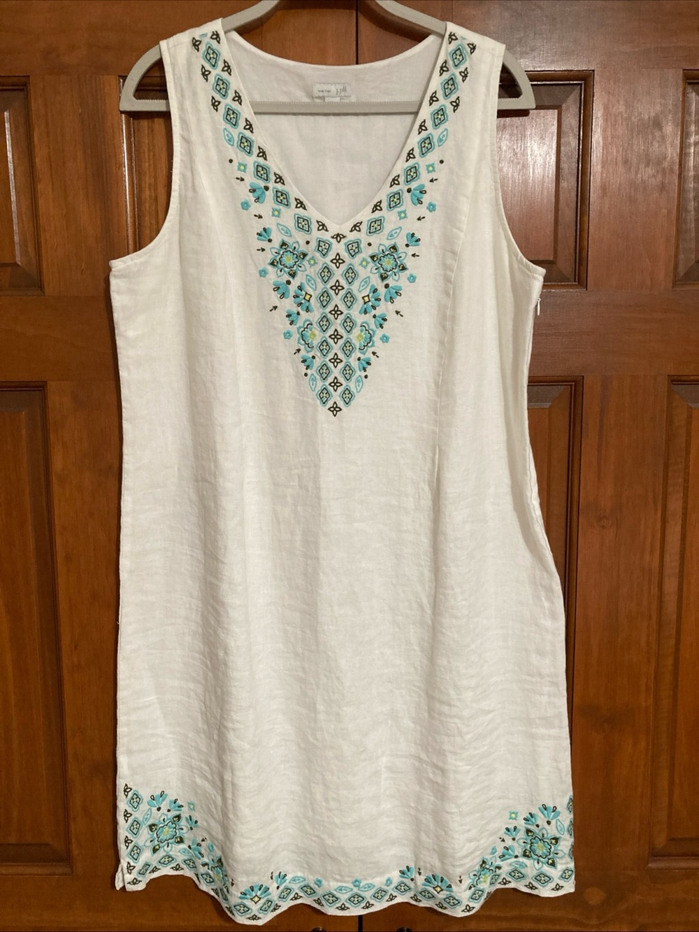 J. Jill White Linen Sleeveless V-Neck Dress with Turquoise Embroidery large